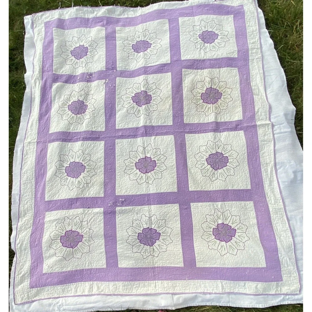 1927 Vintage Quilt Lilac Purple Embroidered Flower Hand Stitched 69